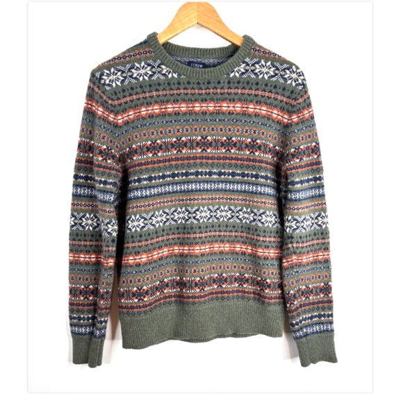 JCrew Fair Isle Wool Sweater Mens M Olive Green Holiday Ski Cabin Nordic Grandpa - Picture 9 of 9